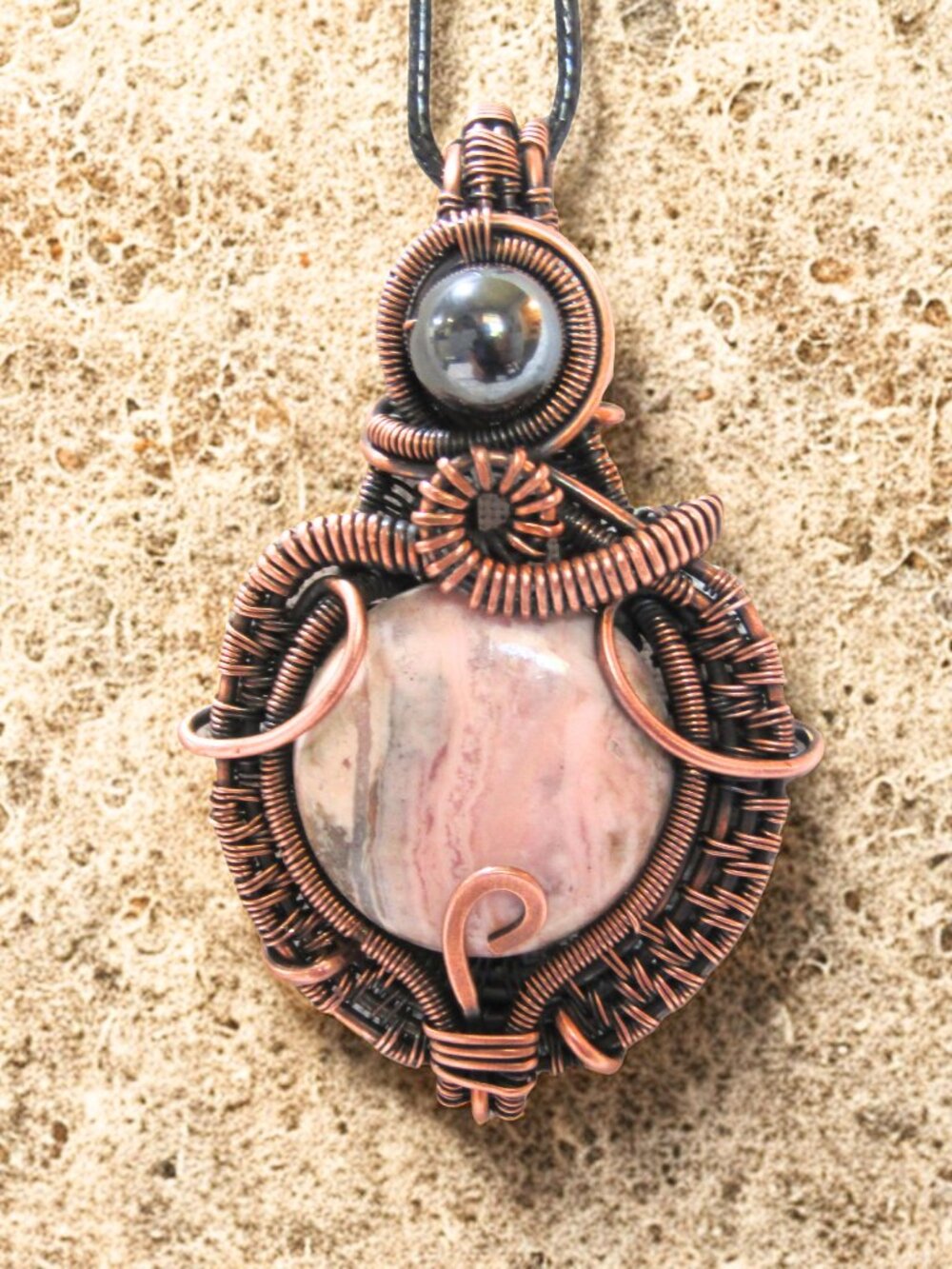 Handmade Rhodonite & Hematite Copper Wire Wrapped Pendant